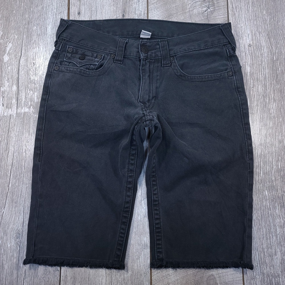 True Religion Denim Shorts Mens Size 33 Black Straight Cut Off Flap Pocket